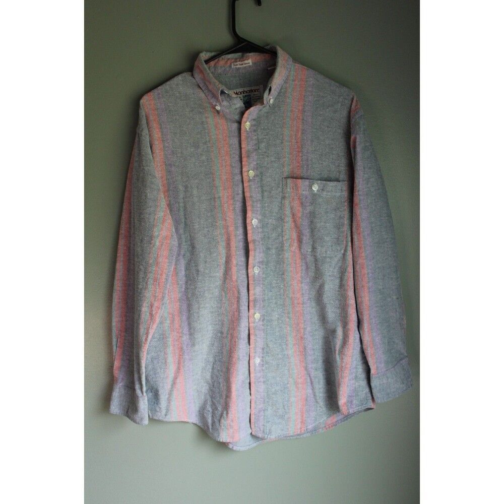 Vintage Manhattan Mens Vertical Striped Button-up Shirt size M